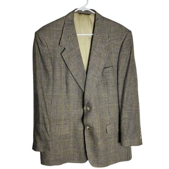 Allyn Saint George 100% Silk Blazer Jacket Mens 42R Tan Black Houndstooth Plaid - Picture 2 of 15
